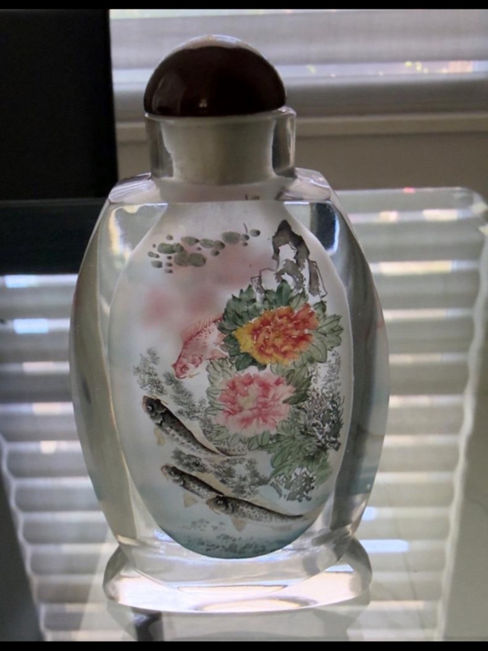 Vintage Chinese Inside-Painted Glass Snuff Bottle | Koi Fish & Peony | 4¾"